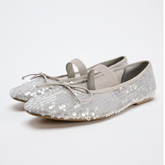 NWT Zara silver sequin ballerina flats with elastic strap and bow detail, 6.5 - Picture 2 of 13